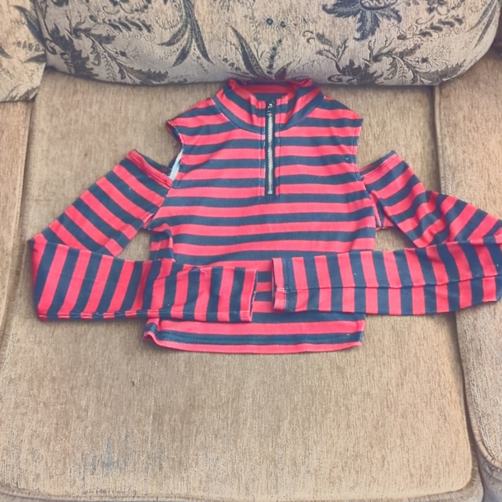 Red and Black Striped Long Sleeve CropTop